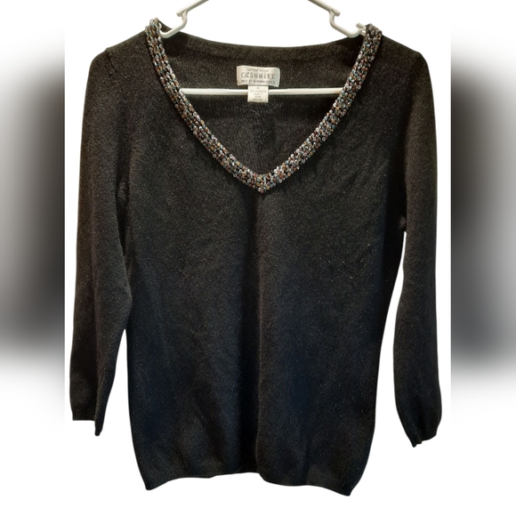 Sutton Studio Sweater Womans Medium Black Cashmere Beaded Business Casual Preppy - Picture 1 of 15